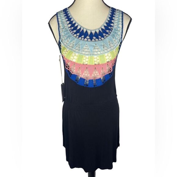 Ocean Drive Black Mini Sundress romper  W/ Colorful Crotchet Front Size: S - Picture 1 of 8